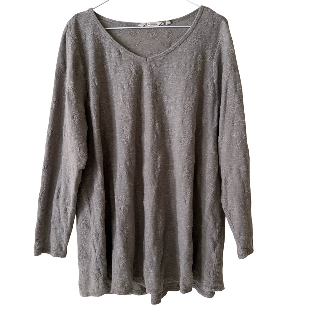 Soft Surroundings Taupe Womens Shirt Embroidered Floral V Neck SZ 1X